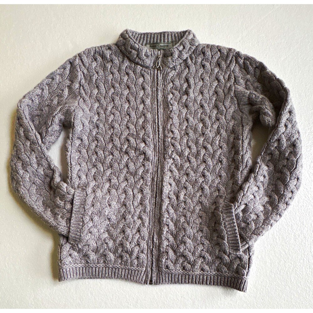 Aran Crafts Gray 100% Merino Wool Cable Knit Mock Neck Full Zip Cardigan S